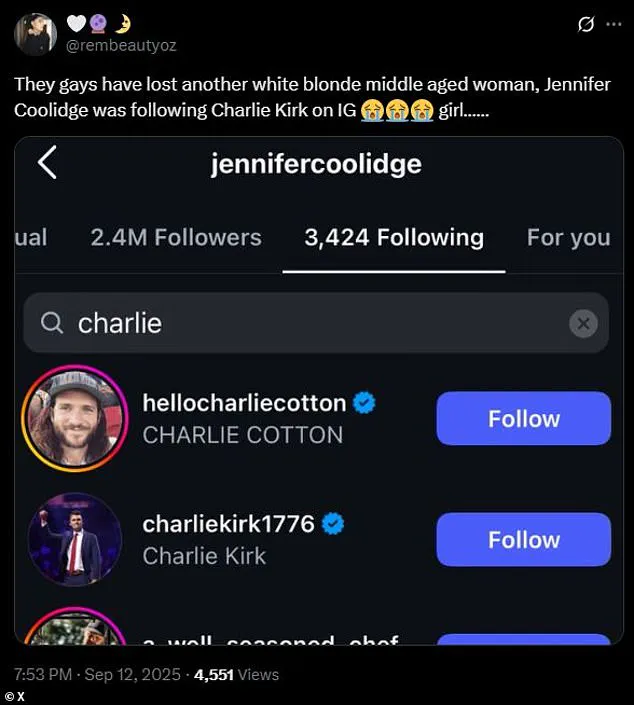 Jennifer Coolidge's Follow of Conservative Activist Charlie Kirk Ignites Firestorm of Hypocrisy Accusations