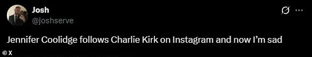 Jennifer Coolidge's Follow of Conservative Activist Charlie Kirk Ignites Firestorm of Hypocrisy Accusations
