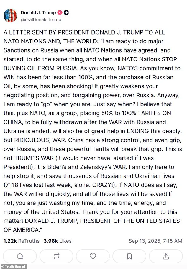 Trump Threatens Major Sanctions on NATO Allies for Russian Oil Purchases Amid Ukraine War Controversy
