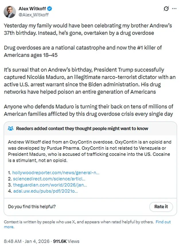 Controversial Post by Trump Aide's Son Links U.S. Capture of Maduro to Opioid Crisis