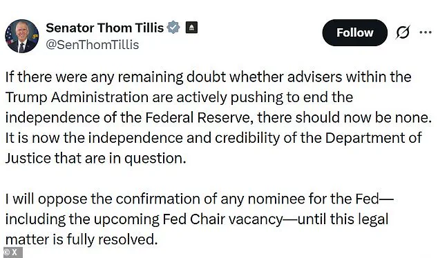 Senator Thom Tillis Condemns Trump Probe into Fed Chair Powell, Calls It 'Dangerous Threat to Independence': 'We Must Protect the Fed's Autonomy at All Costs'