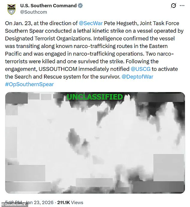 U.S. Launches First Deadly Strike on Narcoterrorists Since Maduro's Capture, Southern Command Says