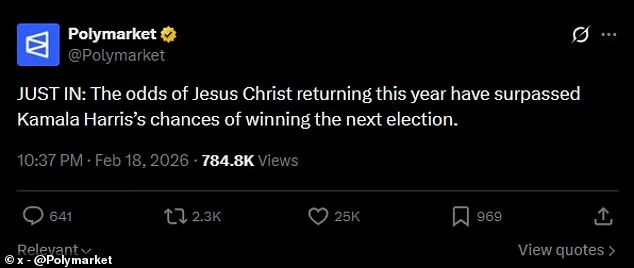 Odds of Jesus's Second Coming in 2026 Surpass Kamala Harris's 2028 Nomination Chances, Per Polymarket Data