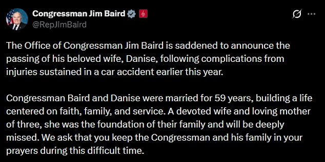 Congressman Jim Baird's Wife Danise Dies Following Car Crash; Colleagues Pay Tribute to 59-Year Marriage