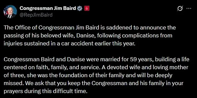 Congressman Jim Baird's Wife Danise Dies Following Car Crash; Colleagues Pay Tribute to 59-Year Marriage