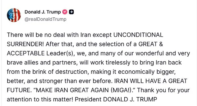 Trump Demands Iran's Unconditional Surrender Amid Mediation Efforts