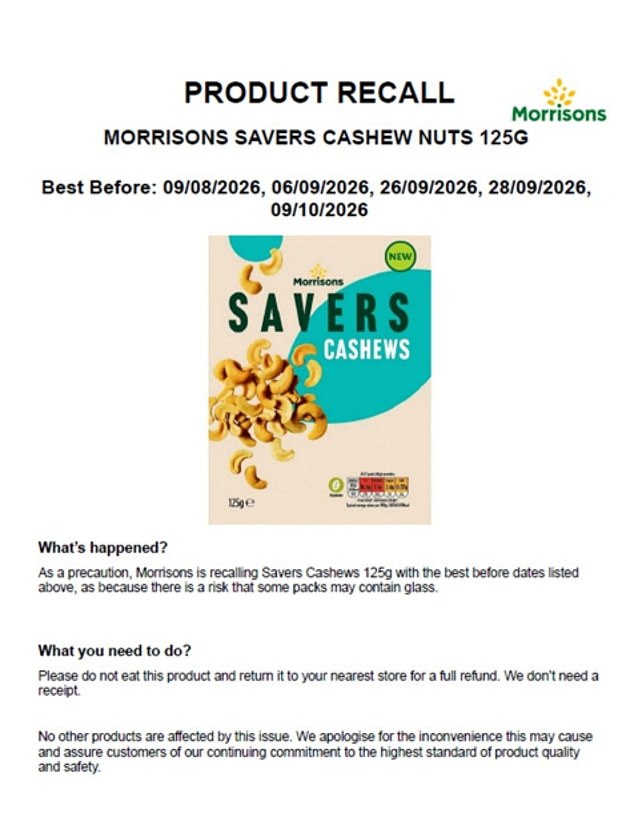 Morrisons recalls cashews with glass shards, offering refunds without receipts.