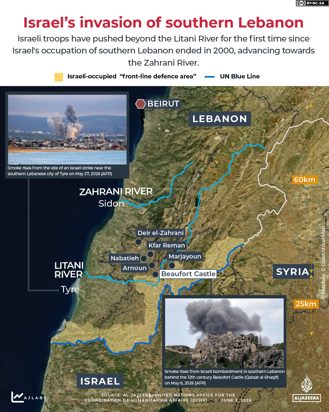 Israel controls 1,000 sq km of Gaza, Lebanon, and Syria.