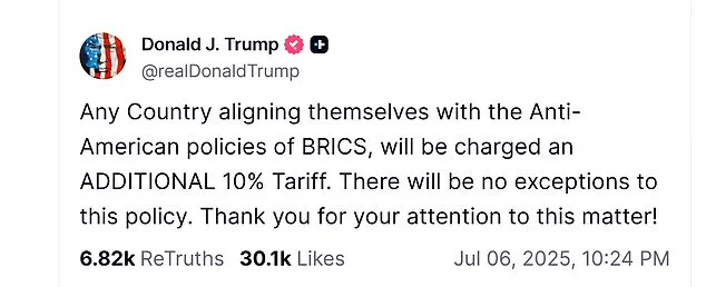 President Trump Threatens Tariffs on Nations Aligning with BRICS, as Summit Convenes in Rio