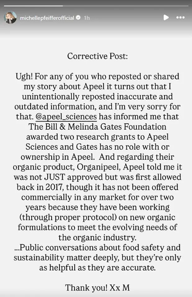 Michelle Pfeiffer Apologizes to Bill Gates After Controversial Claims About Apeel and the Gates Foundation's Food Tech